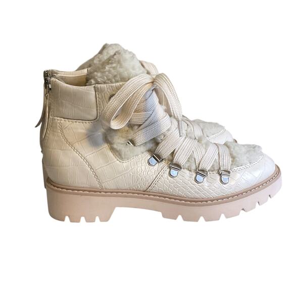 Dolce Vita Pace Cream Croc Faux Shearling Trim Lug Sole Hiker Ankle Boots Sz 6.5 - Picture 5 of 14